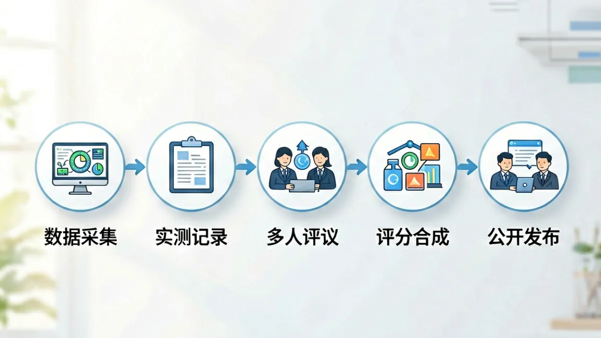91传媒评测流程示意图，展示从数据采集到评分发布的五个关键步骤
